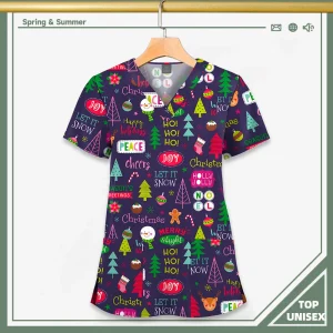Surgical Uniform Printing Holiday Beautiful Shirt V-neck Style Pocket Design Blouse Surgical Top Woman Men Nurse Medical Uniform