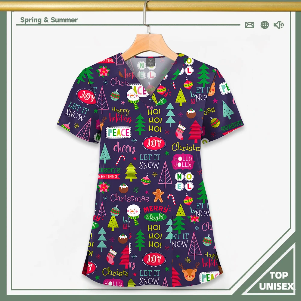 Surgical Uniform Printing Holiday Beautiful Shirt V-neck Style Pocket Design Blouse Surgical Top Woman Men Nurse Medical Uniform - الصورة 10