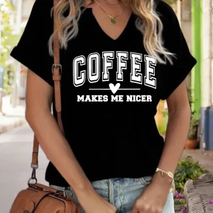 Women's V-Neck "Coffee Makes Me Nicer" Graphic Tee, Funny Coffee Lover Print T-Shirt, Casual Short Sleeve Top