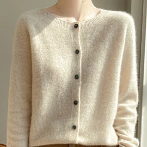 Women 100% Merino Wool Cardigan Soft O-Neck Cashmere Sweater OL Buttoned Knitwear Casual Top Clothing Korean Style