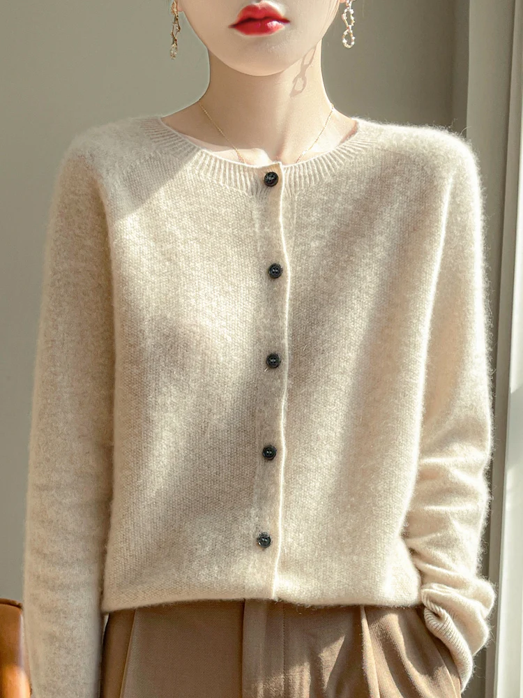 Women 100% Merino Wool Cardigan Soft O-Neck Cashmere Sweater OL Buttoned Knitwear Casual Top Clothing Korean Style - Image 2