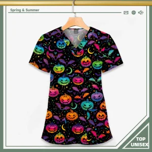 Surgical Uniform Printing Holiday Beautiful Shirt V-neck Style Pocket Design Blouse Surgical Top Woman Men Nurse Medical Uniform