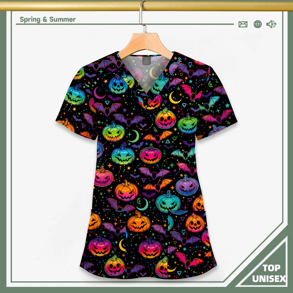 Surgical Uniform Printing Holiday Beautiful Shirt V-neck Style Pocket Design Blouse Surgical Top Woman Men Nurse Medical Uniform - الصورة 14