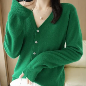 Cardigans Women 2025 Autumn Single Breasted V-neck Knitted Sweater Fashion Short Knitwear Solid Blue Green Pink Women's Jumpers