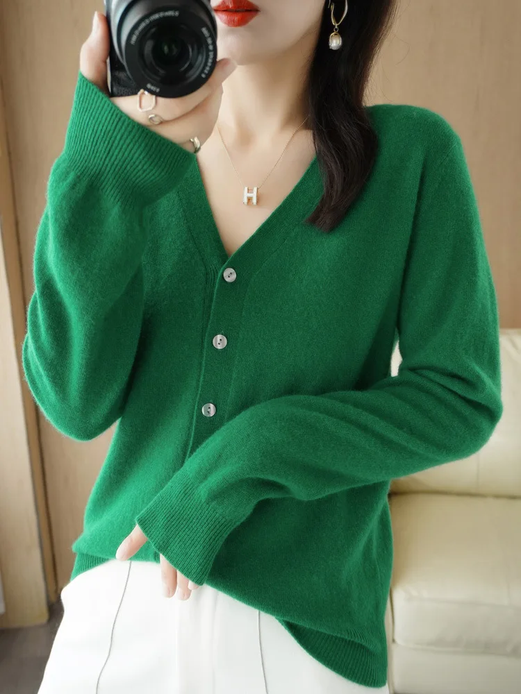 Cardigans Women 2025 Autumn Single Breasted V-neck Knitted Sweater Fashion Short Knitwear Solid Blue Green Pink Women's Jumpers - Image 26