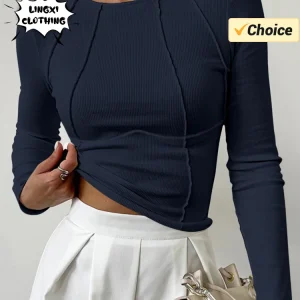 T-shirt Spring/Summer Women's Slim Fit Casual Round Neck Basic Pullover Chest Shape Stitching Long Sleeve Sports Dopamine Shirt
