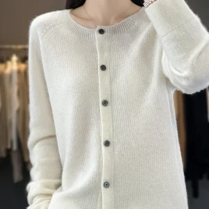 Fashion Women 100% Merino Wool Cardigans Cashmere Sweater Autumn Winter O-neck Long Sleeve Knitwear Female Basic Clothing Tops