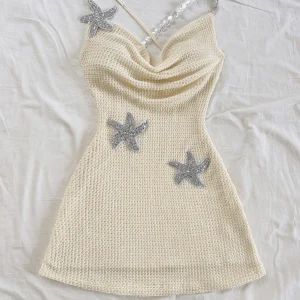 Pure and sexy halter dress for women's spring collection, new hot girl sexy backless strap with five-pointed star embroidery