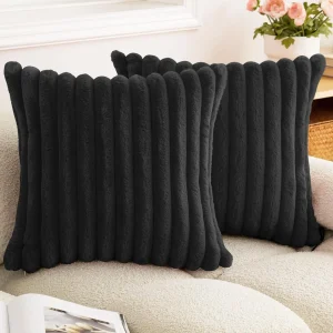 Faux Rabbit Fur Square Cushion Cover Big Thick Striped Super Soft Solid Color Pillow Cover 24×24inch Sofa Decor Cushion Covers