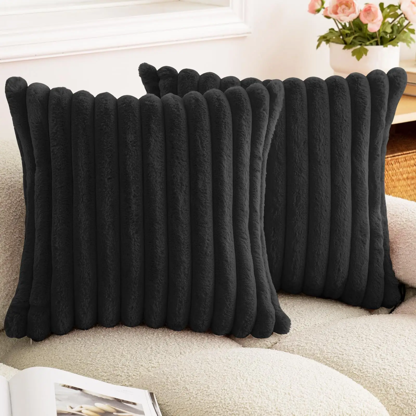 Faux Rabbit Fur Square Cushion Cover Big Thick Striped Super Soft Solid Color Pillow Cover 24×24inch Sofa Decor Cushion Covers - الصورة 14