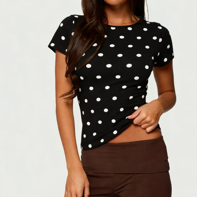 Women Polka Dot Shirt Y2k Baby Tee Crop Tops Short Sleeve Crewneck Slim Fitted T Shirts Vintage Aesthetic Clothes - Image 4