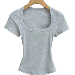 Summer square neck high elasticity crop top women's short sleeved sexy top slim fit pullover base shirt