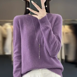 100% Merino solid color sweater ladies autumn and winter new solid color O-neck long sleeve warm fashion loose knit sweater