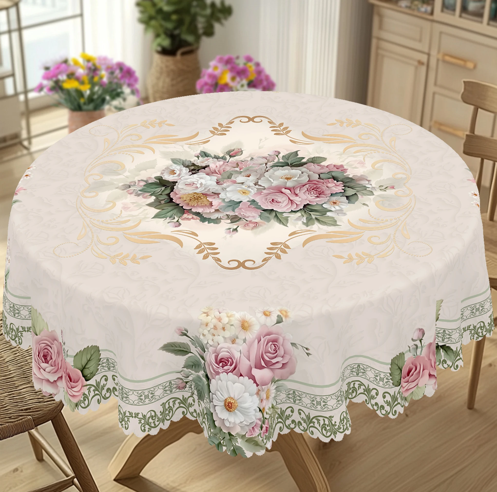 1 Piece of Retro Beige Rose Daisy Pattern Tablecloth, Elegant and Romantic French Style Floral Print Round, Rectangular Tablecloth, Suitable for Home Kitchen, Dining Table, Garden, Courtyard Indoor and Outdoor Decorative Tablecloth, Suitable for Valentine's Day, Mother's Day, Wedding, Birthday, Anni