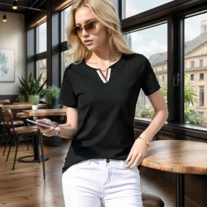 2024 V Neck 100% Cotton T Shirt Women Summer Fashion Short-Sleeve Tops Women Plus Size T-shirt Loose Korean Style Female Blouse