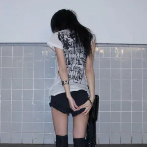 Karrram Japanese Y2k Letter Print T-shirt Trashy 2000s Style Tattoo T Shirt Vintage Harajuku Short Sleeve Sheer Tops Grunge Goth