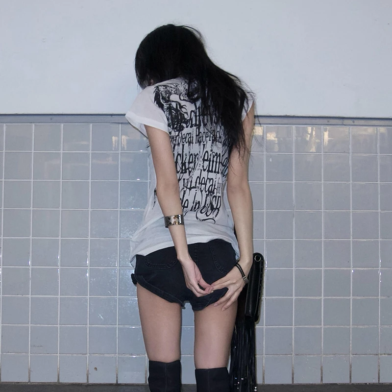Karrram Japanese Y2k Letter Print T-shirt Trashy 2000s Style Tattoo T Shirt Vintage Harajuku Short Sleeve Sheer Tops Grunge Goth - الصورة 6
