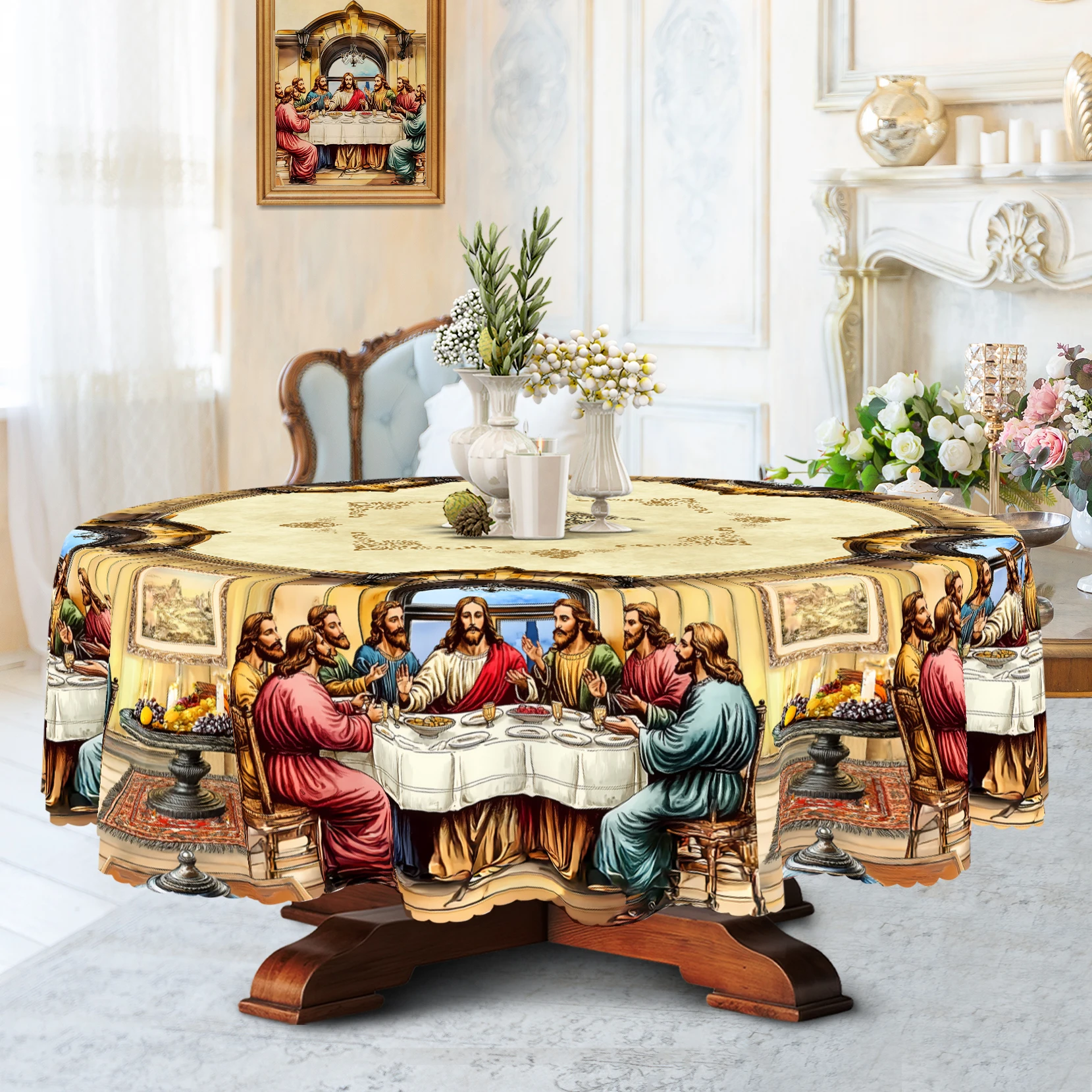 1 Piece, the Last Dinner Theme Tablecloth + 4 Self-Adhesive, Retro Scene Printing, Embossed Edge, Woven Polyester Fabric, Round/Rectangular Tablecloth, for Home Decoration, Kitchen Decoration, Outdoor Garden, Holiday Party, Restaurant Banquet Decoration-Oo-024