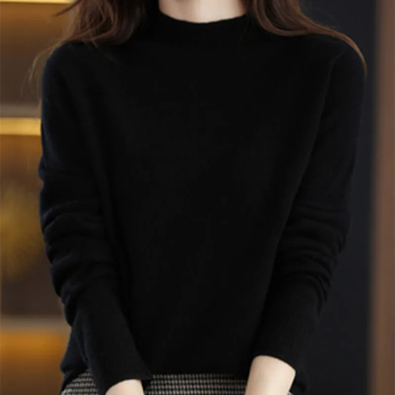 Half High Solid Color Cashmere Sweater For Women Loose Pullover Autumn and Winter Contracted Commuter Basic Knitwear Top Base - الصورة 6