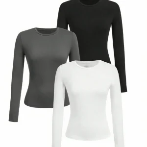 Women's solid-color long-sleeved T-shirt - Polyester knitted fabric, round neck, regular fit, fall-winter style