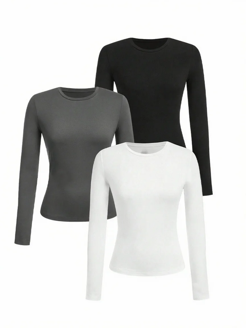 Women's solid-color long-sleeved T-shirt - Polyester knitted fabric, round neck, regular fit, fall-winter style