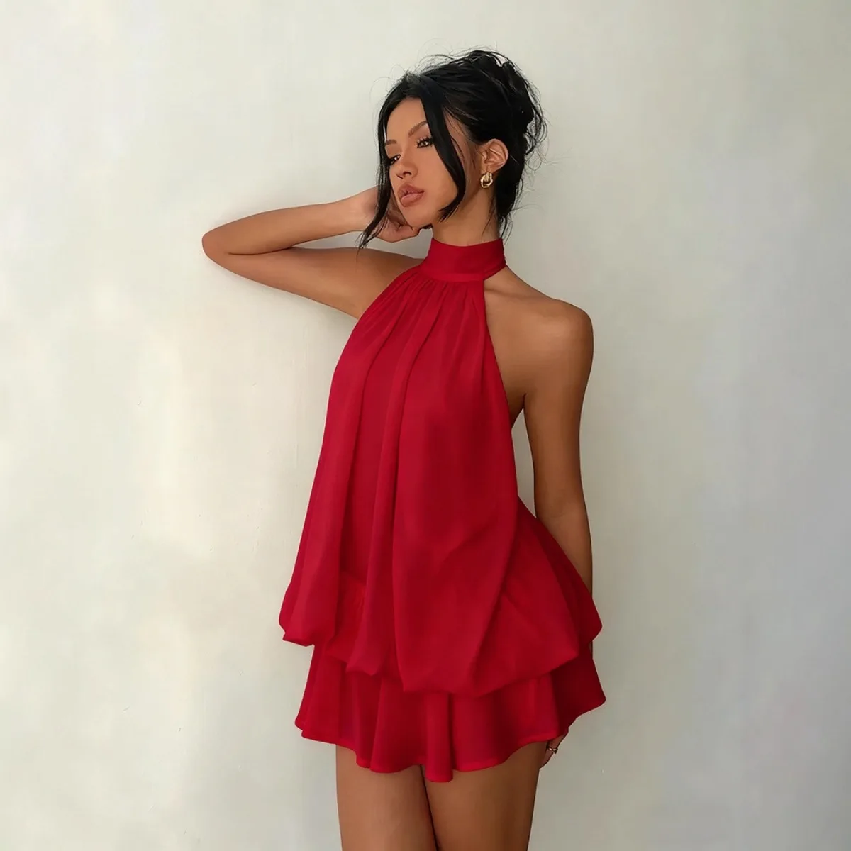 Women's Halter Neck Dress, Backless Tie-Front Chiffon Sheer Mini Skirt, Fashionable Sexy Y2K Vintage Cute Party Birthday Dress - الصورة 4