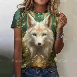 New T-shirt For Women Wolf Print Tees O Neck Loose Short Sleeve Blouse Female Fashion Animal Graphic Tops Harajuku Streetwear