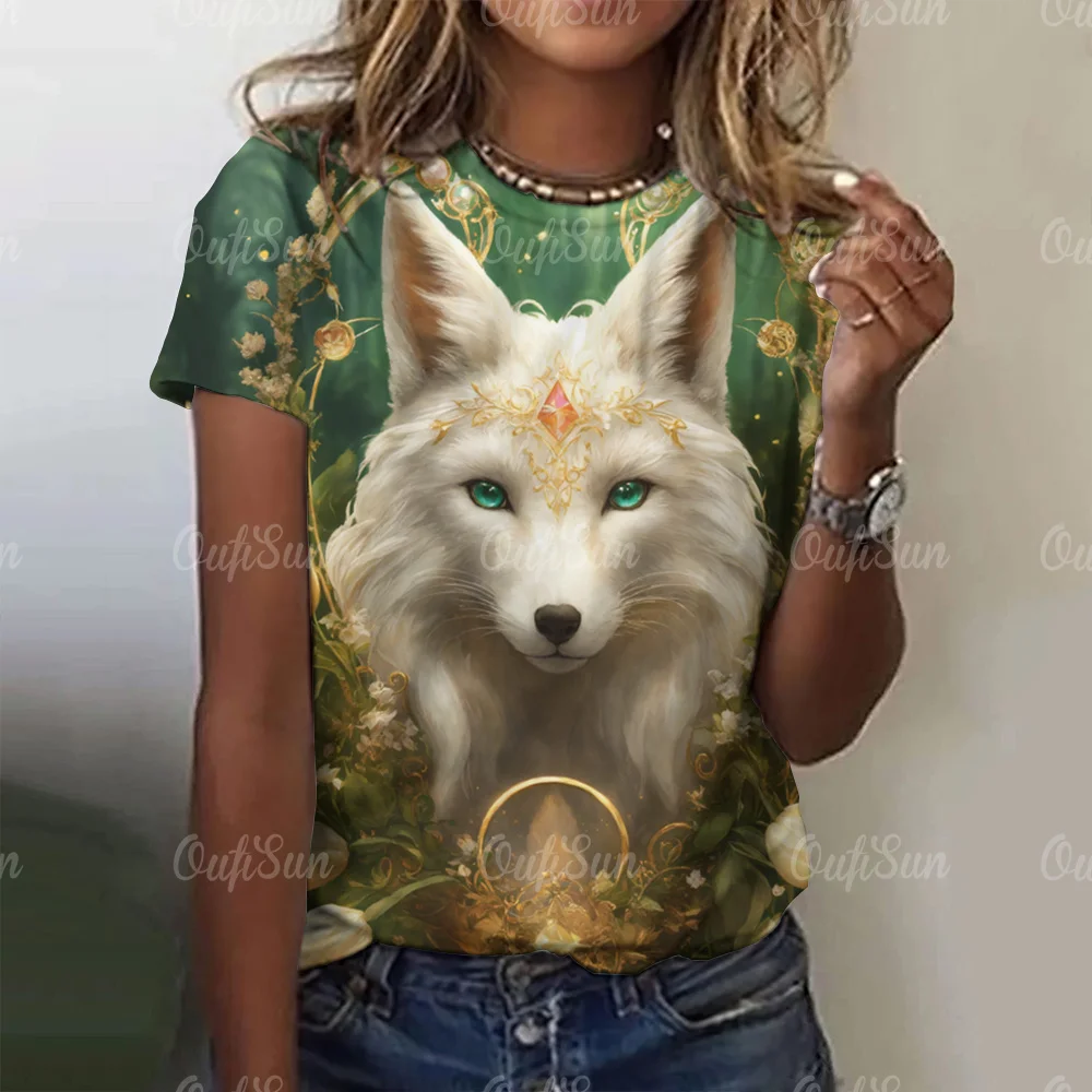 New T-shirt For Women Wolf Print Tees O Neck Loose Short Sleeve Blouse Female Fashion Animal Graphic Tops Harajuku Streetwear - الصورة 15