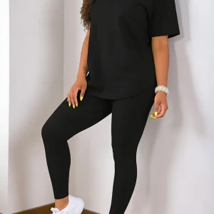Fashion round-neck short-sleeved top paired with tight-fitting long pants - women's two-piece solid-color set