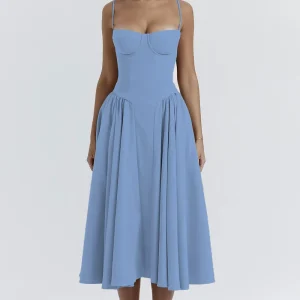 Summer Women Elegant Sleeveless Backless Pleated Dresses Lady Sexy Solid Sling Midi Dress 2024 Female Party Evening A-line Robes