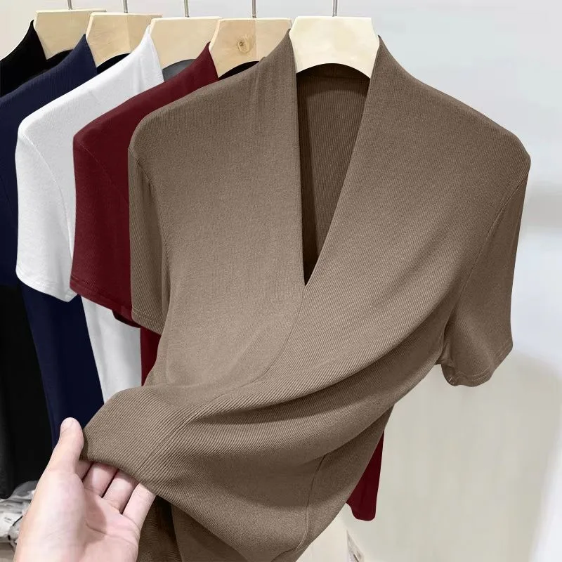 Threaded New Short Sleeved Top for Women Summer Fashion Versatile Base Shirt Plus Size Slim Fit V-neck T-shirt Casual and Sexy - الصورة 3