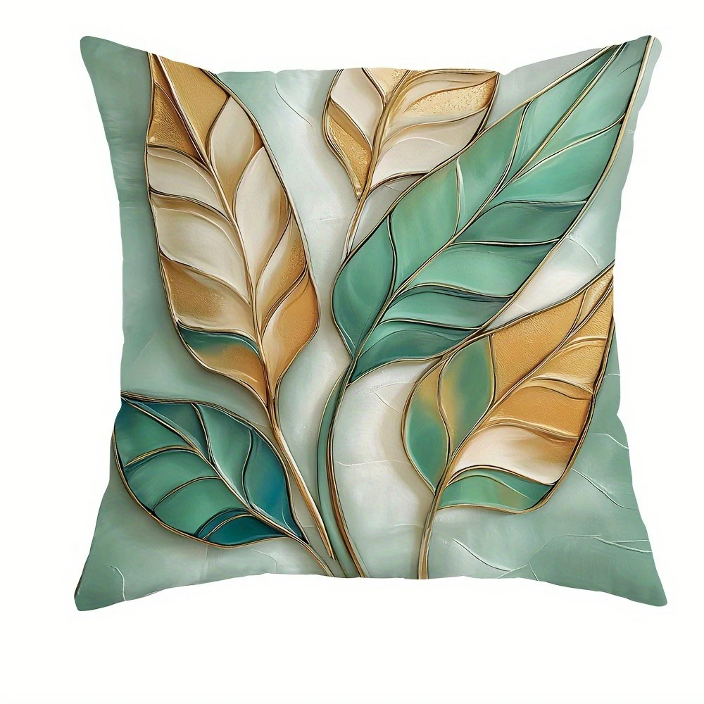 Elegant Green and Gold Leaf PillowcasesLiving room sofa cushion cover, soft and comfortable, bedroom room decoration - Image 4