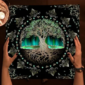 Mysterious Green Tree of Life Tarot Card Tablecloth Wicca Altar Cloth Fantastic Life Tree Tablecloth for Tarot Oracle Card Pad