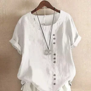 Vintage Harajuku Button T Shirt Casual Summer Short Sleeve Cotton Linen Solid Loose Blouse Elegant Oversize Tee Shirt Streetwear