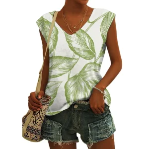 Women's Basic T-shirts Blue Flower Printed Breathable V Neck Cap Sleeves Tank Tops Vintage Summer Beach Loose Fit Tees Tops