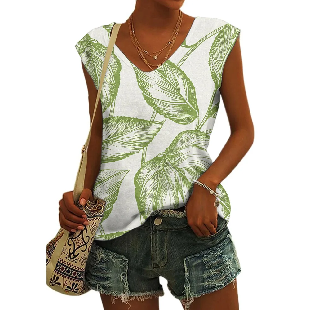 Women's Basic T-shirts Blue Flower Printed Breathable V Neck Cap Sleeves Tank Tops Vintage Summer Beach Loose Fit Tees Tops - Image 9