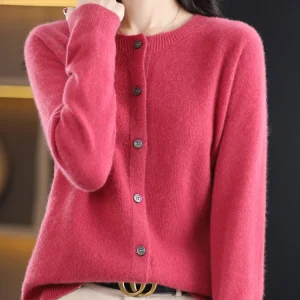 Aliselect Autumn Winter Women 100% Merino Wool Sweater O-Neck Tops Long Sleeve Basic Cashmere Knitwear Cardigan Clothing Coat