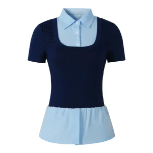 Women's T-shirt Spring Summer Navy Blue Light Blue Contrast Ruffle Hem Valentine's Day Elegant Casual Daily Office Top