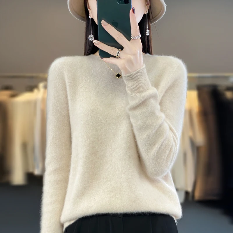 100% Merino solid color sweater ladies autumn and winter new solid color O-neck long sleeve warm fashion loose knit sweater - Image 19