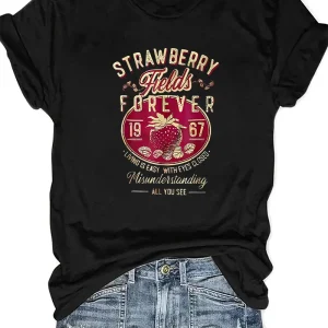 Harajuku Strawberry Fields Forever Letter Print Women T Shirt Short Sleeve Crew Neck Summer Casual Top for Women Clothes Shirts