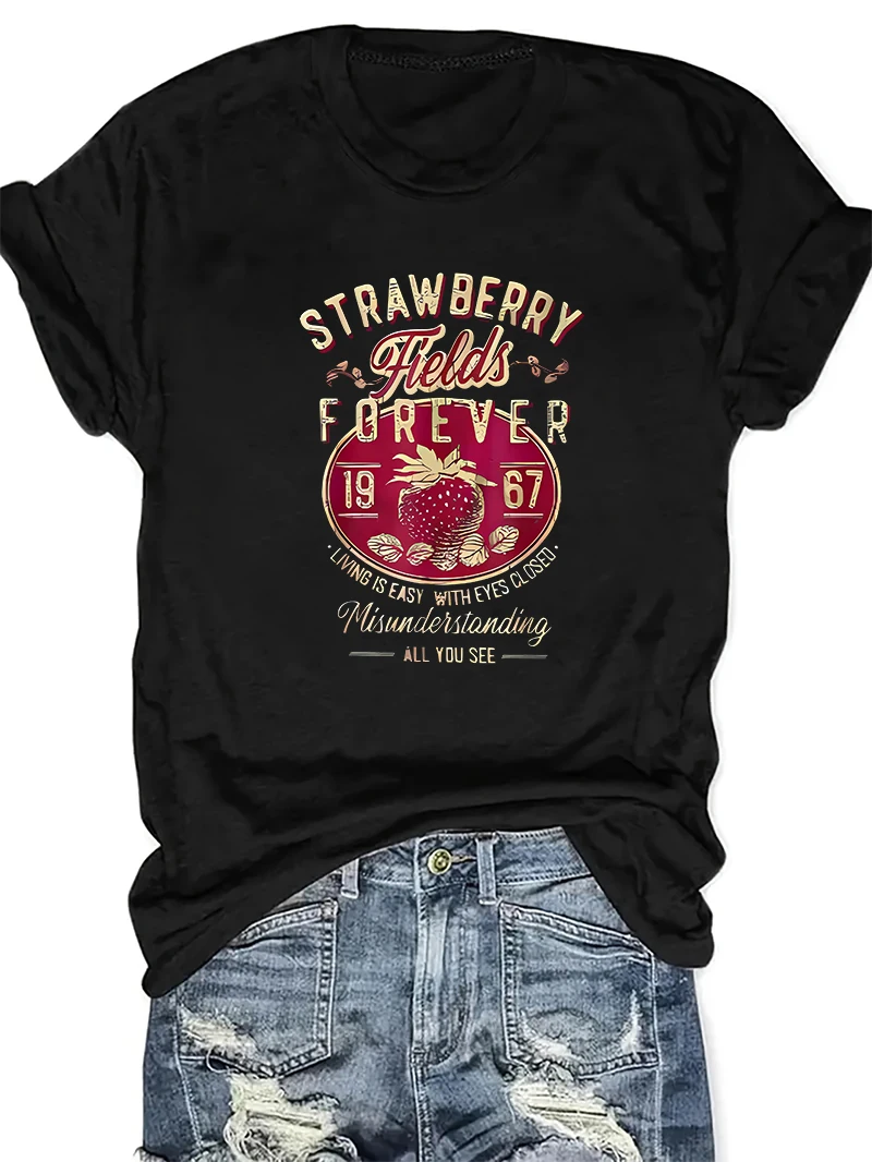 Harajuku Strawberry Fields Forever Letter Print Women T Shirt Short Sleeve Crew Neck Summer Casual Top for Women Clothes Shirts - الصورة 5