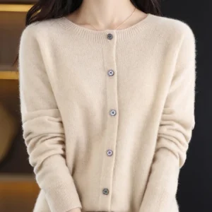 2024 New Chic Women's Basic O-neck Cardigan 100% Merino Wool Sweater Soft Grace Knitwear CoatSpring Autumn Female Clothes Tops