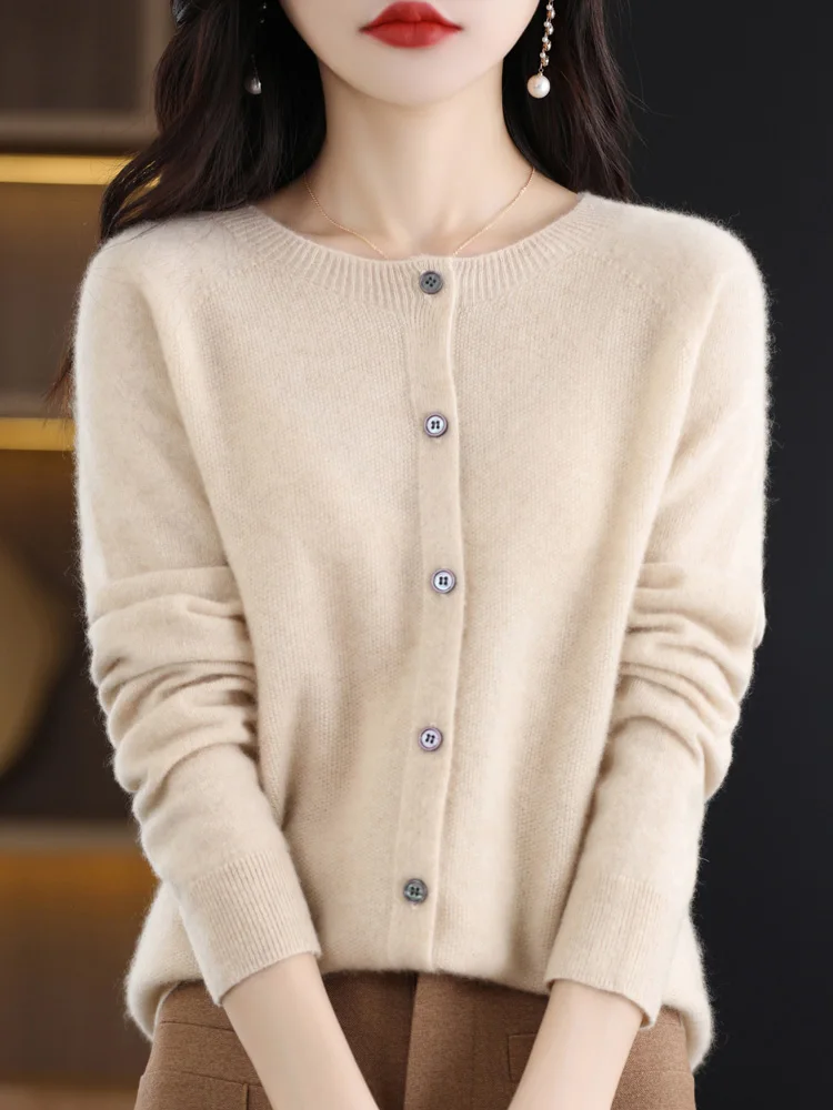 2024 New Chic Women's Basic O-neck Cardigan 100% Merino Wool Sweater Soft Grace Knitwear CoatSpring Autumn Female Clothes Tops - الصورة 16