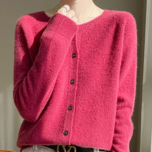 Women 100% Merino Wool Cardigan Soft O-Neck Cashmere Sweater OL Buttoned Knitwear Casual Top Clothing Korean Style
