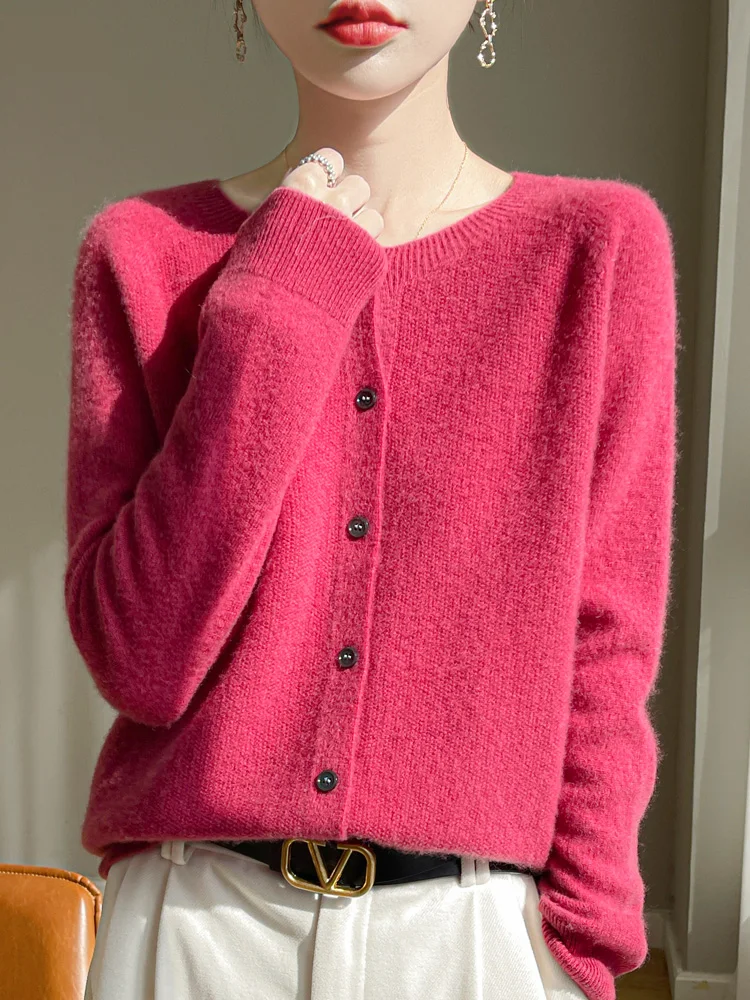 Women 100% Merino Wool Cardigan Soft O-Neck Cashmere Sweater OL Buttoned Knitwear Casual Top Clothing Korean Style - Image 11