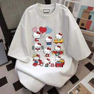 Hello Kitty Kawaii Cotton T-shirt Sanrioed Anime Fashion Women's Top Summer Casual Street Personalized Sweet Girl Top T-shirt