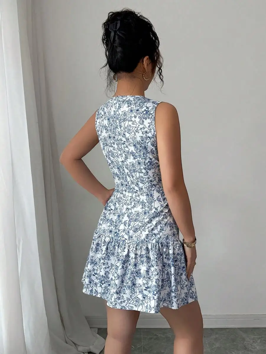 Spring/Summer Boho And French-Style Blue And White Floral Dress, Sleeveless With A Round Neckline - Image 2