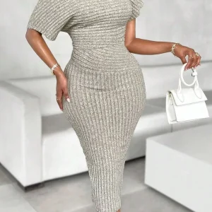 Women's Fashion Solid Color Asymmetric Shoulder Textured Fabric Dress