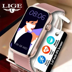 LIGE New 1.47” HD Full Touch Screen Smart Watch Women Men IP68 Waterproof Sports Fitness Heart Rate Monitor Ladies Smartwatch