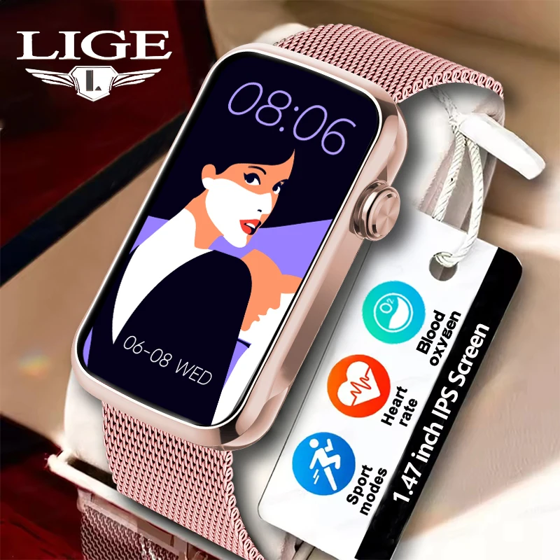 LIGE New 1.47” HD Full Touch Screen Smart Watch Women Men IP68 Waterproof Sports Fitness Heart Rate Monitor Ladies Smartwatch